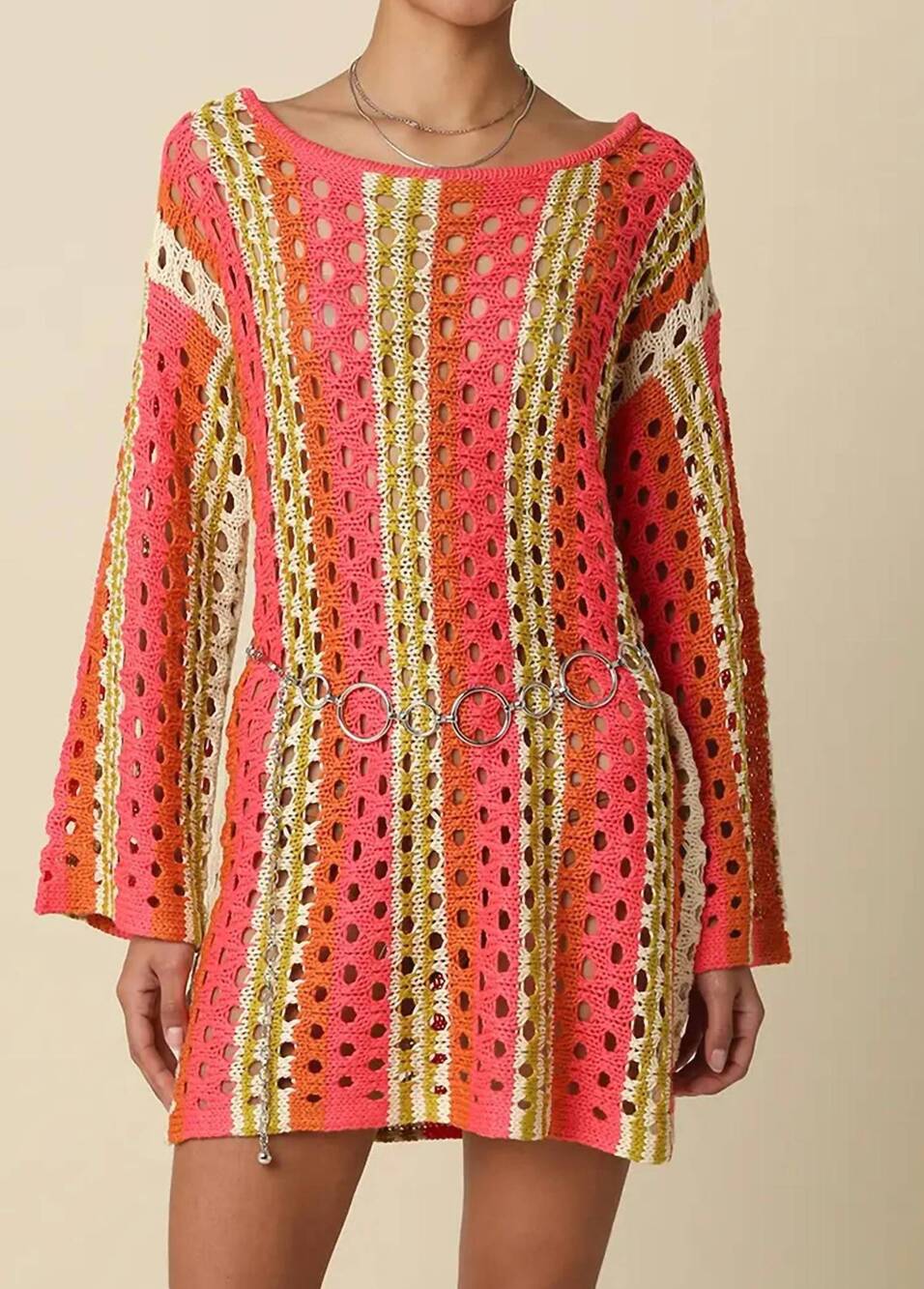 NEW OLIVACEOUS phoenix long sleeve crochet cover up in pink/rust/ecru